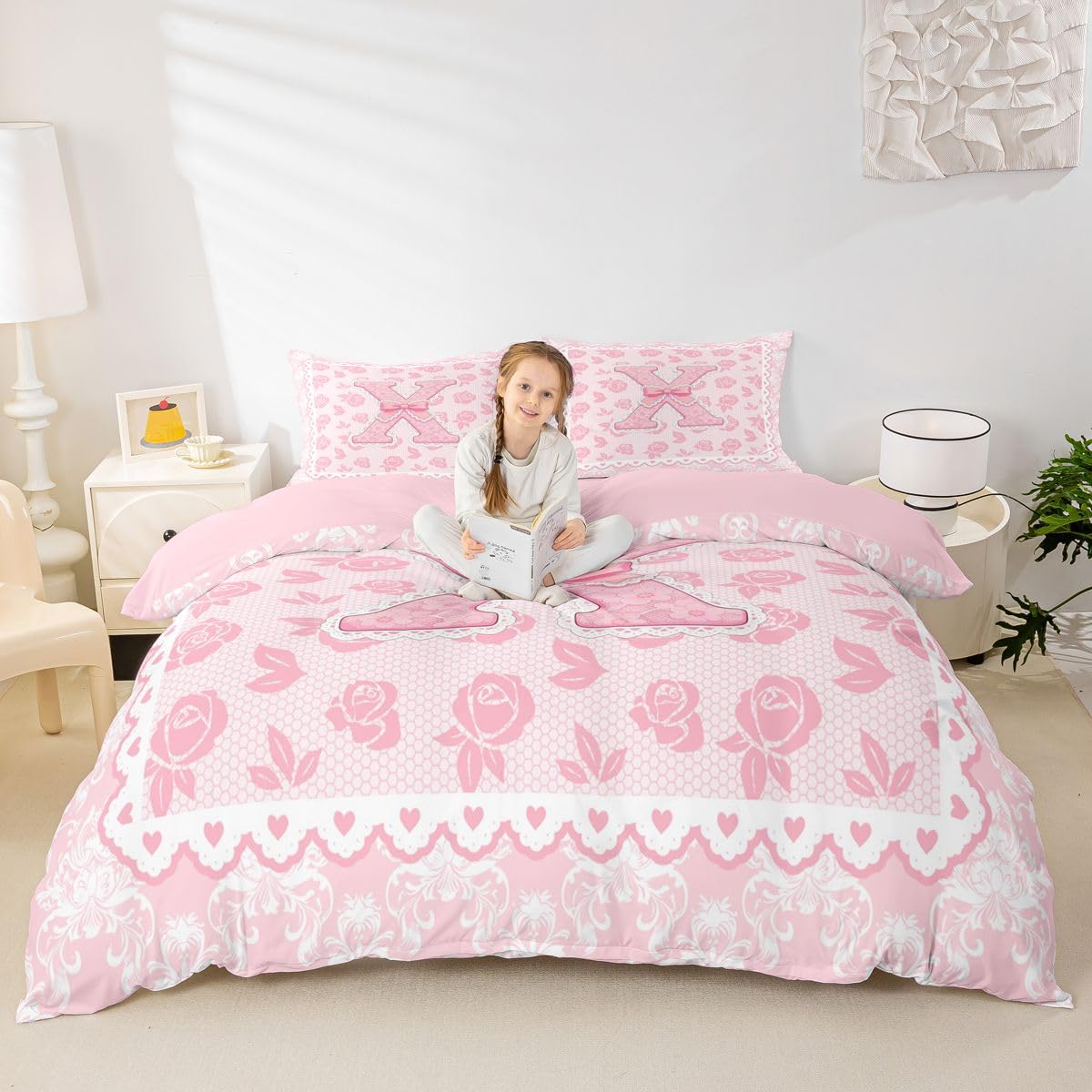 Homewish Homwish adamaszek inicjał litera X kokarda różowa podwójna pościel koronka kwiaty róża poszewka na kołdrę zestaw dziewczęca księżniczka poszewka na kołdrę kokarda estetyczna ciepła miękka