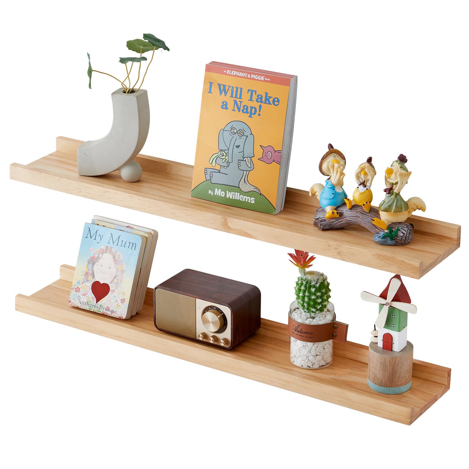 Wandregal 2er Set, 60cm Bilderleiste Holz Schweberegal Holz Regalbrett Wandboard Massiv Bilderleiste Bücherregal Kinder Wand für Wohnzimmer, Kinderzimmer, Schlafzimmer (60 x 15 cm)