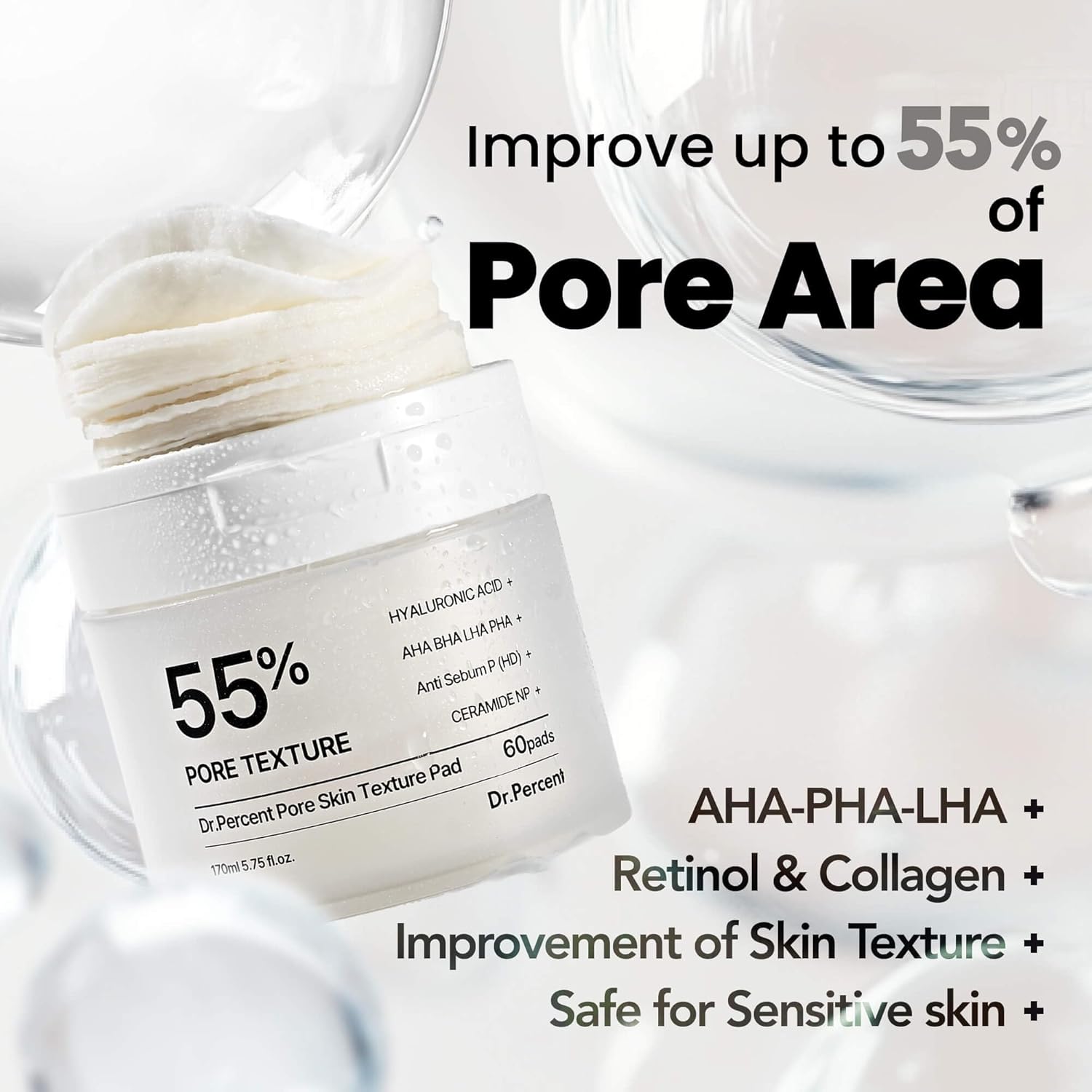Pore 55% Skin Texure Pad – AHA BHA LHA, Retinol & Rice Extract for Enlarged Pores, Textured Skin, Sebum Control, Exfoliating Toner Pads for Glass Skin, Non-Irritating, Korean Skincare(60ct) - Image 2