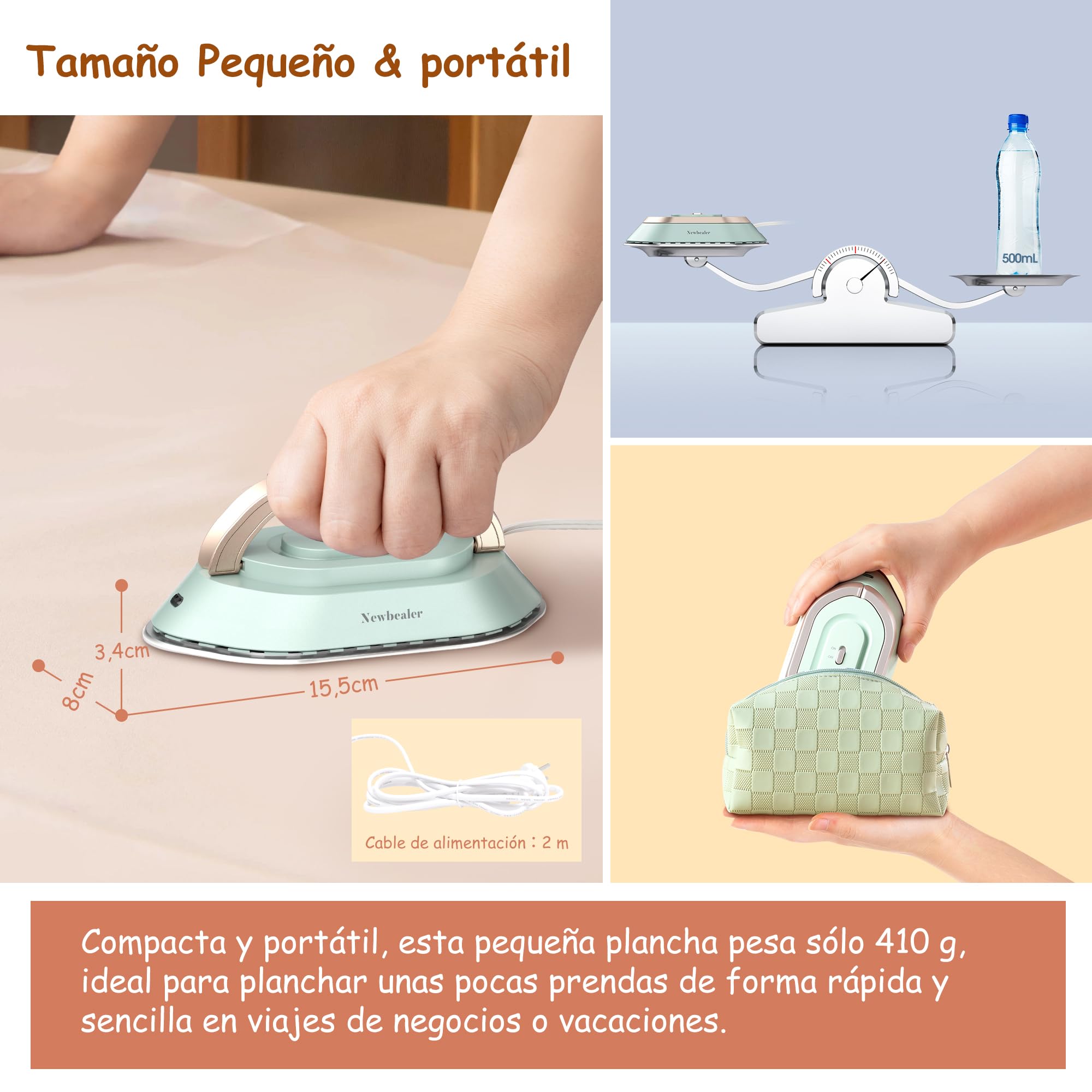 Newbealer Plancha de Viaje para Ropa, Plancha Pequeña Voltaje Universal 100V-240V, Ligera y Compacta sin Vapor con Suela de Cerámica Antiadherente, Bolsa de Transporte, Verde