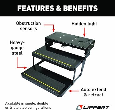 Kwikee 34 Series Electric Step Assembly, Logic Control Unit, Power Switch Kit for RV, Travel Trailers, Hidden Light, 8.5 Step Rise, Anti-Slip Surface, 12V DC Motor, Steel Construction - 3722862