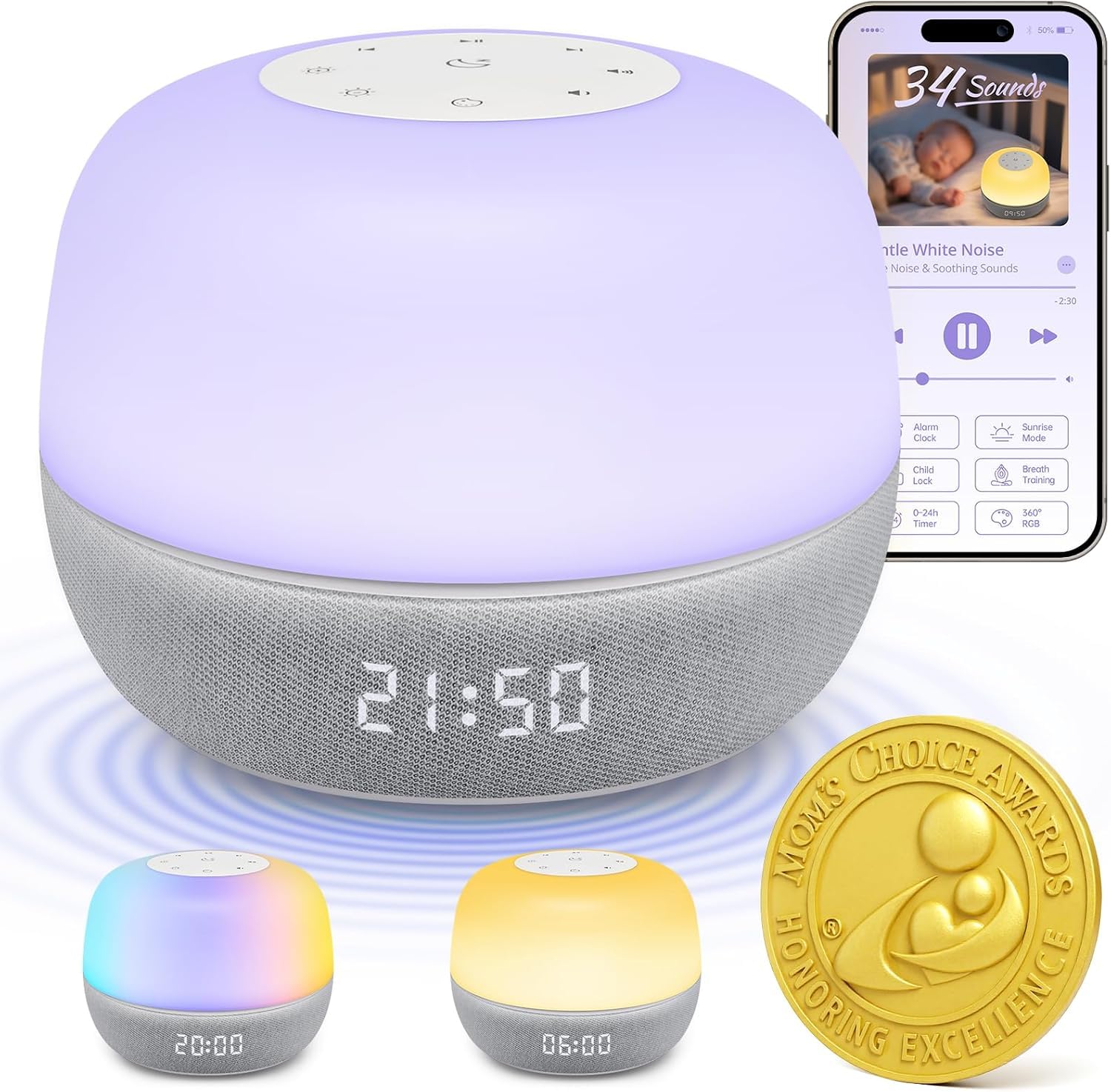 2025 Premios Mom's Choice | Máquina de Sonido de Ruido Blanco para Bebés con Alarma de Amanecer y Control por Aplicación – Máquina de Sonido con Luz Nocturna RGB 360, Relajante para Dormir para Adulto