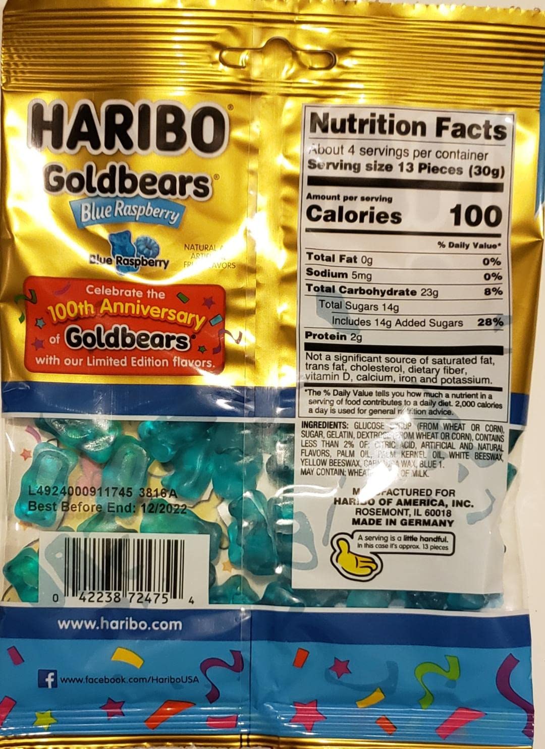 Haribo Goldbears ALL Blue Raspberry 100th Anniversary LIMITED EDITION Net Wt.4oz (113g) Share Size Gummy Bears Candy