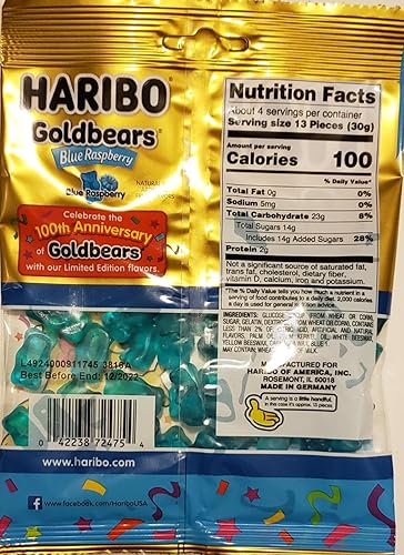 Haribo Goldbears ALL Blue Raspberry 100th Anniversary LIMITED EDITION Net Wt.4oz (113g) Share Size Gummy Bears Candy