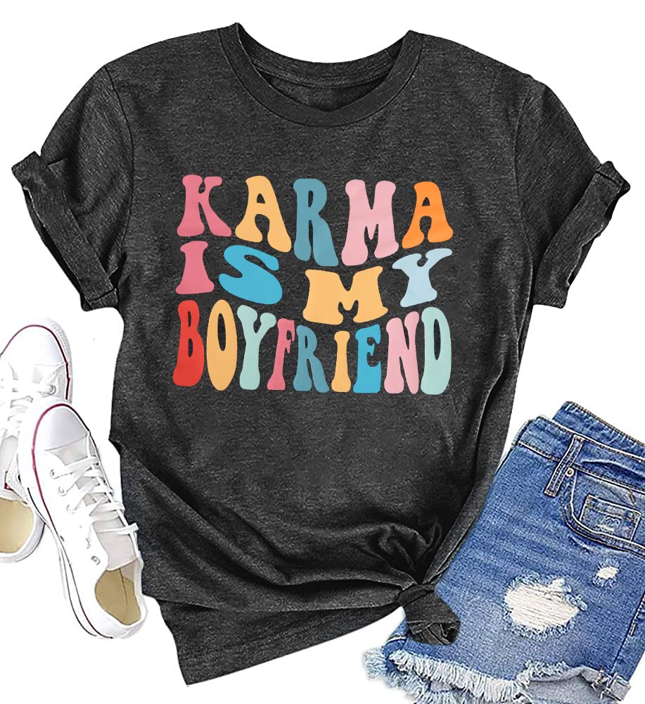 SFHFYKarma is My Boyfriend Shirts for Women Music Lover Shirt Vintage Letters Concert Summer Swift Fans Gift Tee Top