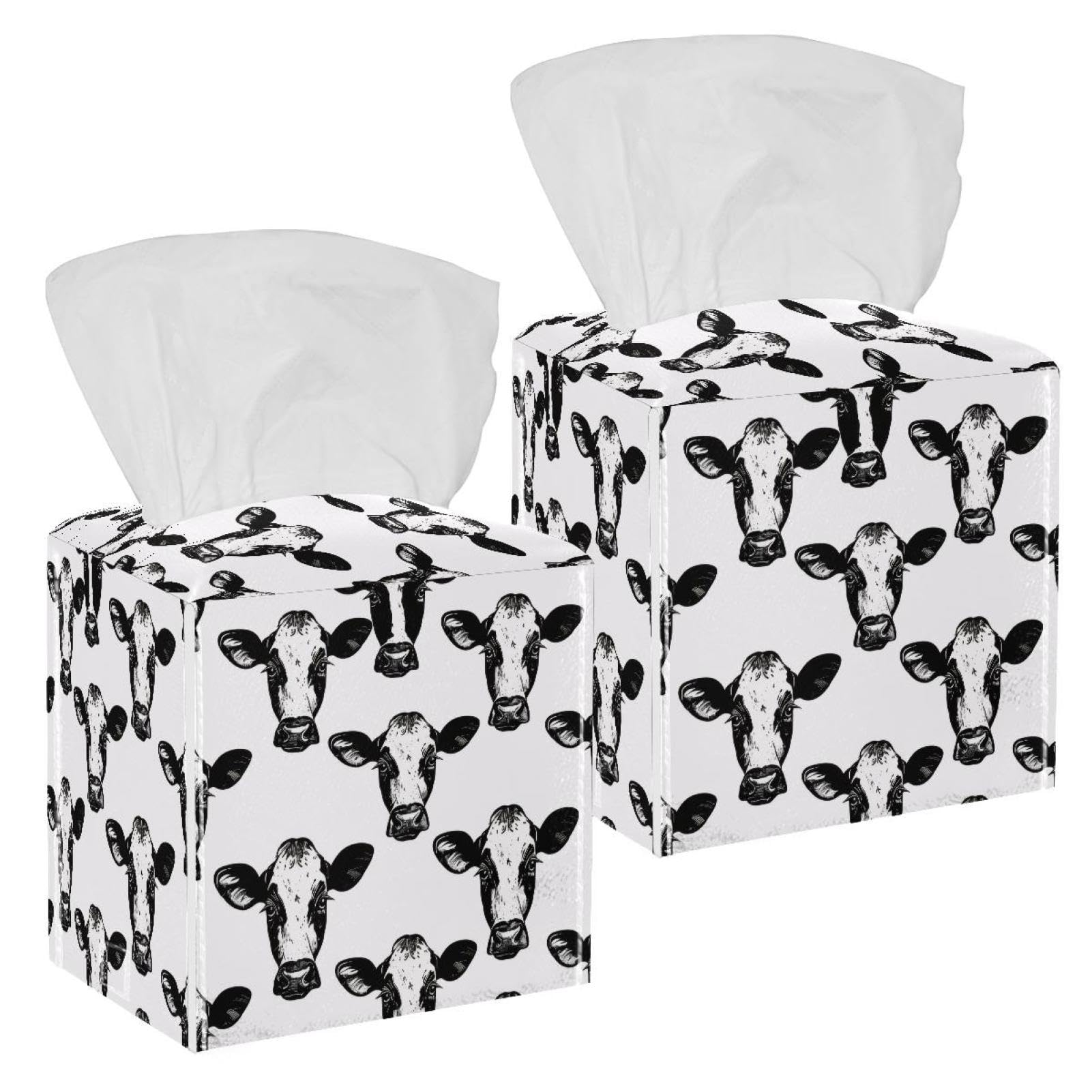 Cows Tissue Box Cover, 2 Pack PU Leather Square Facial Tissue Dispenser Box holder for Home Office Car