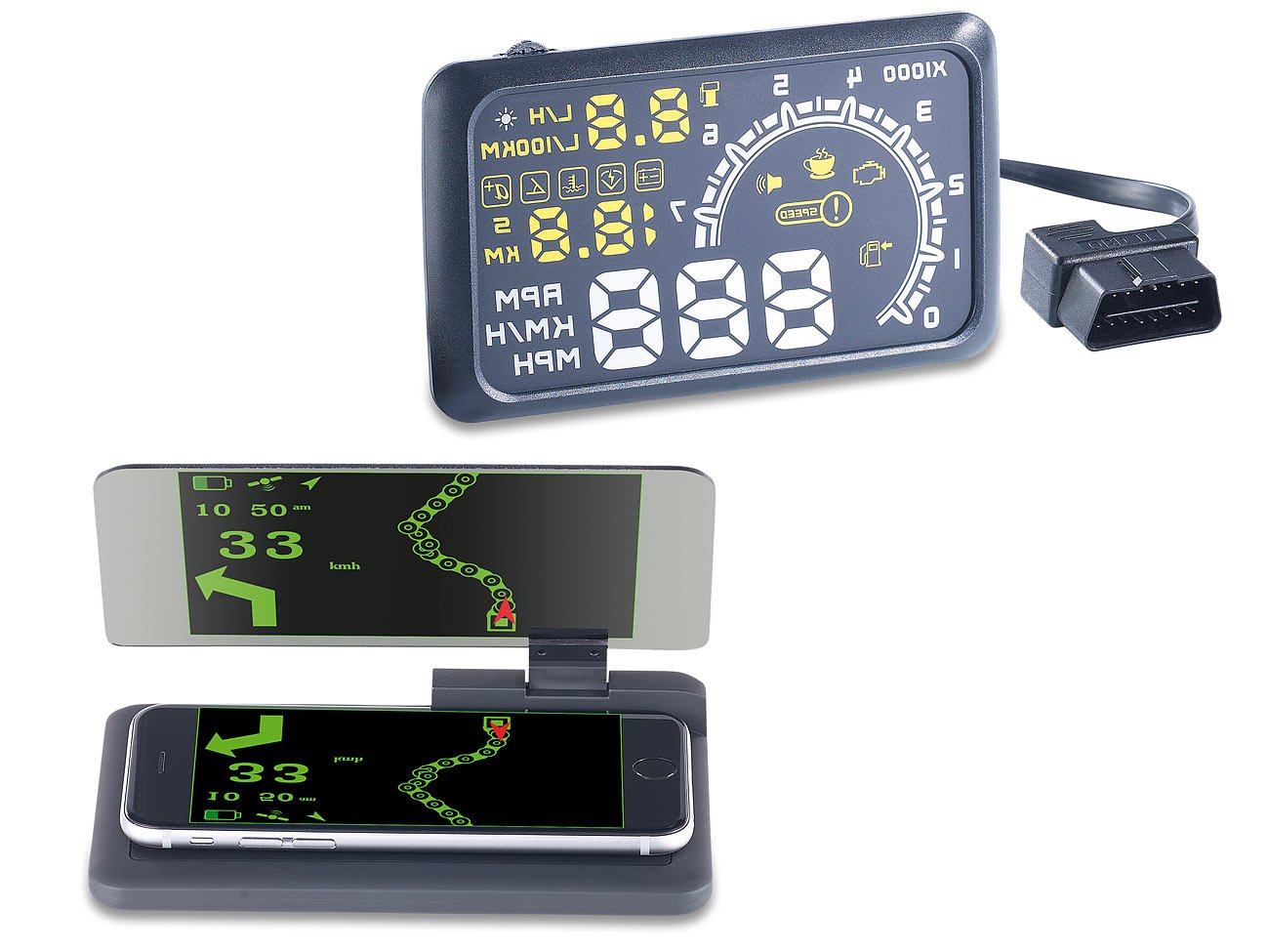 Lescars OBD2-Monitor: Head-up-Display HUD-55C für OBD2-Anschluss mit Armaturenbrett-Ablage (OBD2-Displays, Head-Up-Displays OBD2, nachrüsten)