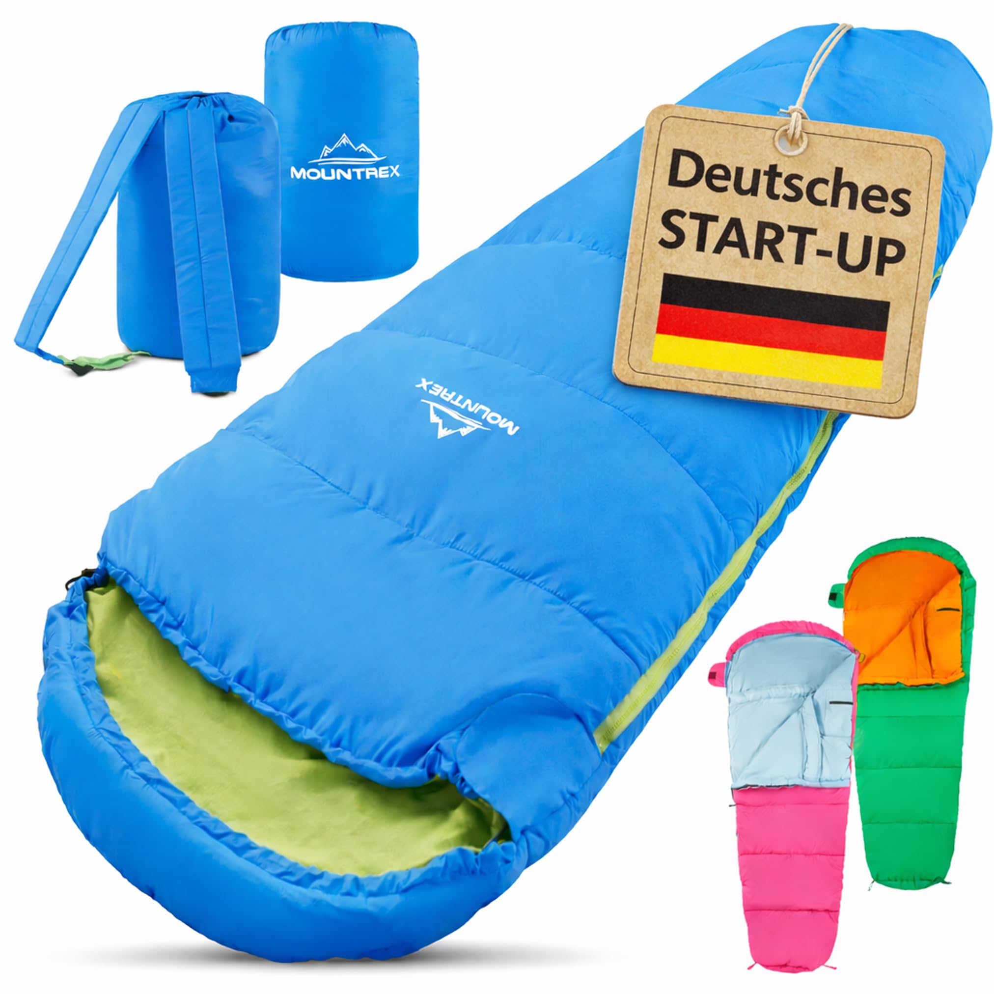 MOUNTREX Kinderschlafsack – Schlafsack Kinder, 100% Baumwoll-Innenfutter | Camping Mumienschlafsack (175 × 70 cm), 5 bis 15°C – Leicht, Kleines Packmaß und Tragbar wie ein Rucksack