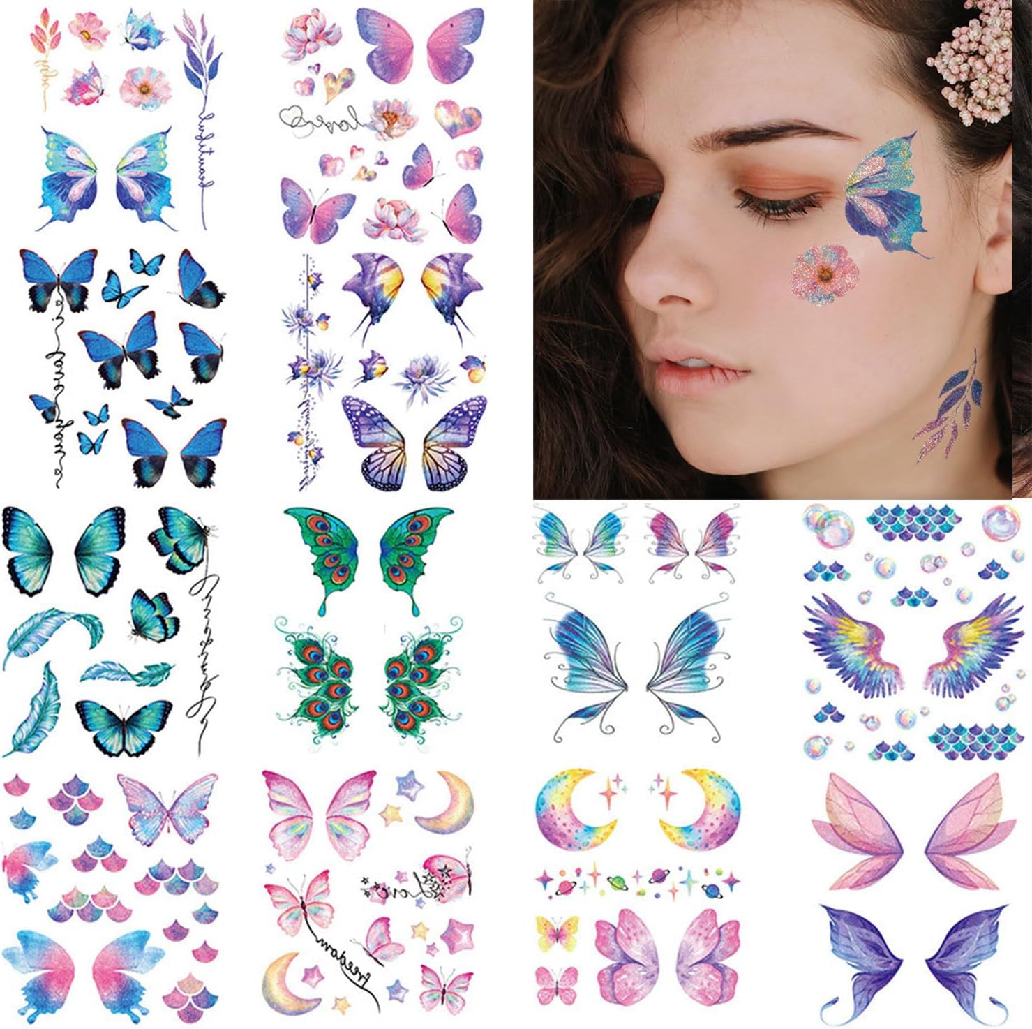 TecoKart 12 Sheets Butterfly Temporary Tattoo For Women, Waterproof Multicolor Mehndi Tattoo Stickers For Hands Face Body, Glitter Tattoo Sticker For Kids, Girls Party Eyes Make-Up Fake Tattoos Kits