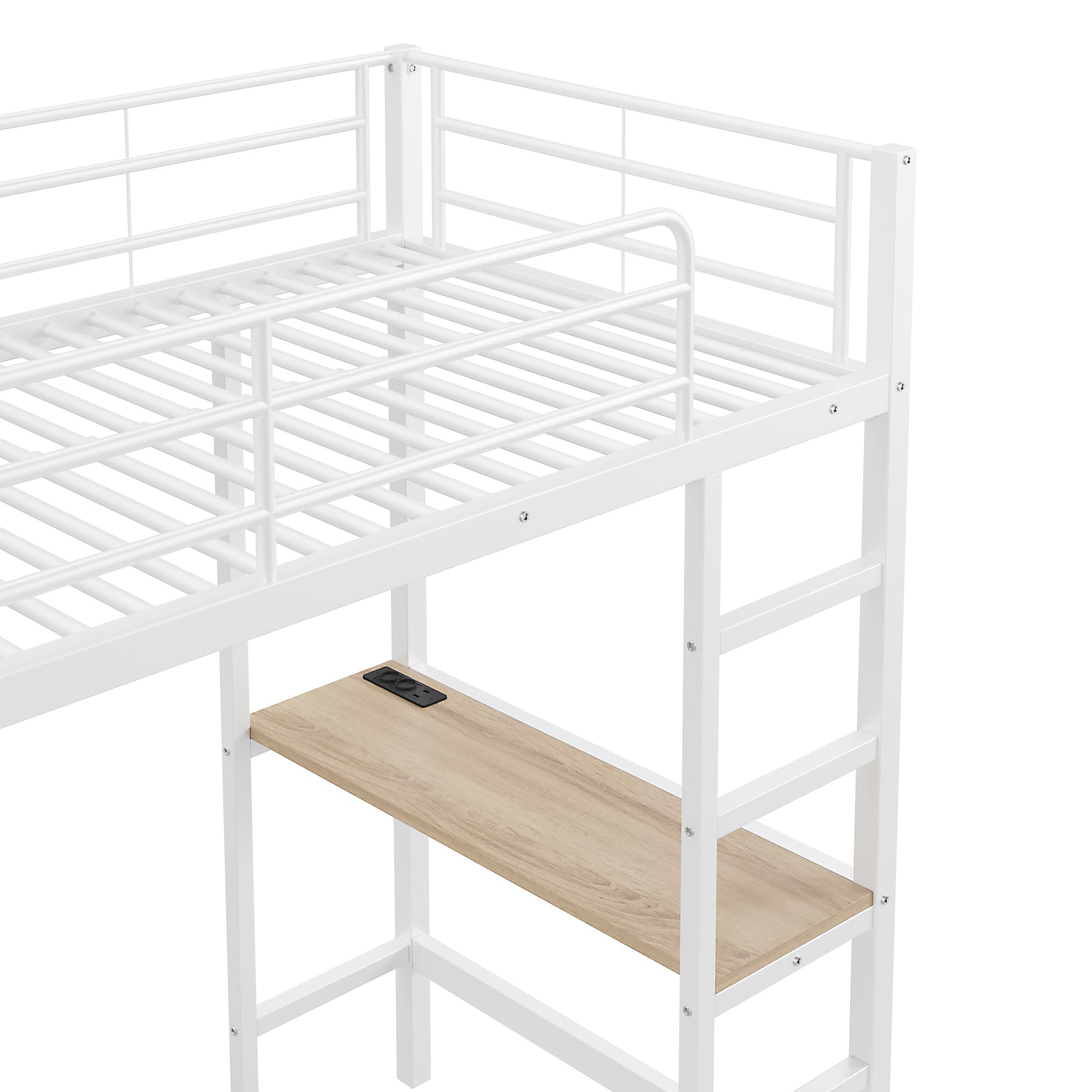 Merax Kinderbett Hochbett 90x200, Etagenbett mit Schreibtisch, Steckdose & USB, Metallbett mit Kleiderschrank und Regale, Bettgestell(ohne Matratze) für Kinder und Erwachsene, Weiß