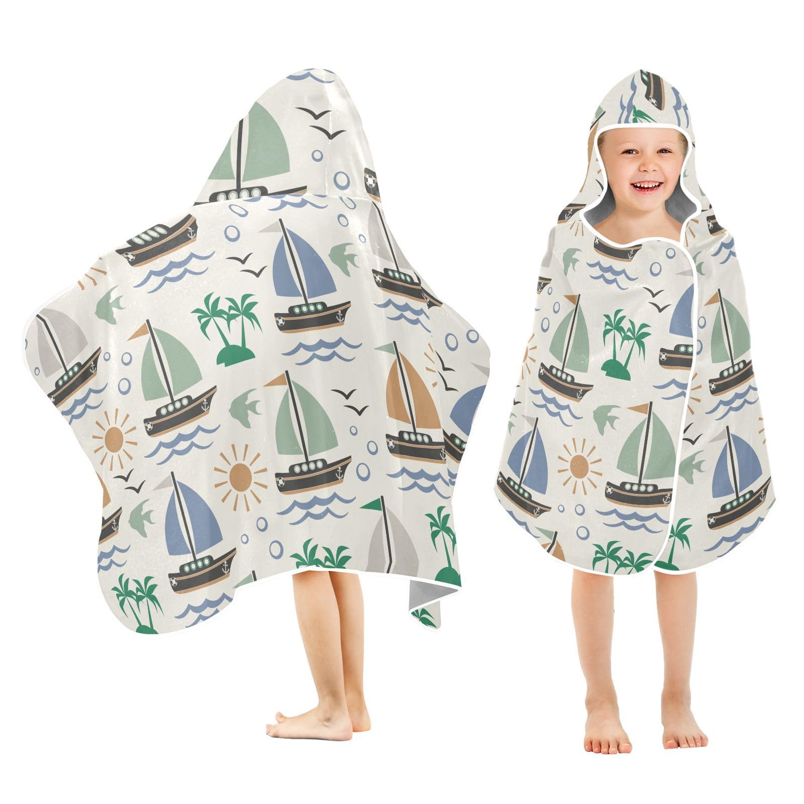 susiyo Kids Hooded Bath Towel Sailing Boat Beach Towel for Kids 23.5 x 50 Inch Microfiber Soft Absorbent Quick Dry Bath Swim Pool Towel Wrap Poncho Bathrobe with Hood for Kids Toddler