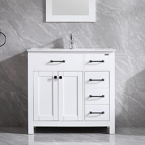 walsport 36 inch Bathroom Vanity with Ceramic Sink & Countertop & Mirror & Faucet Combo Set Single Sink Vanity with 5 Drawers and Double Doors Modern, White