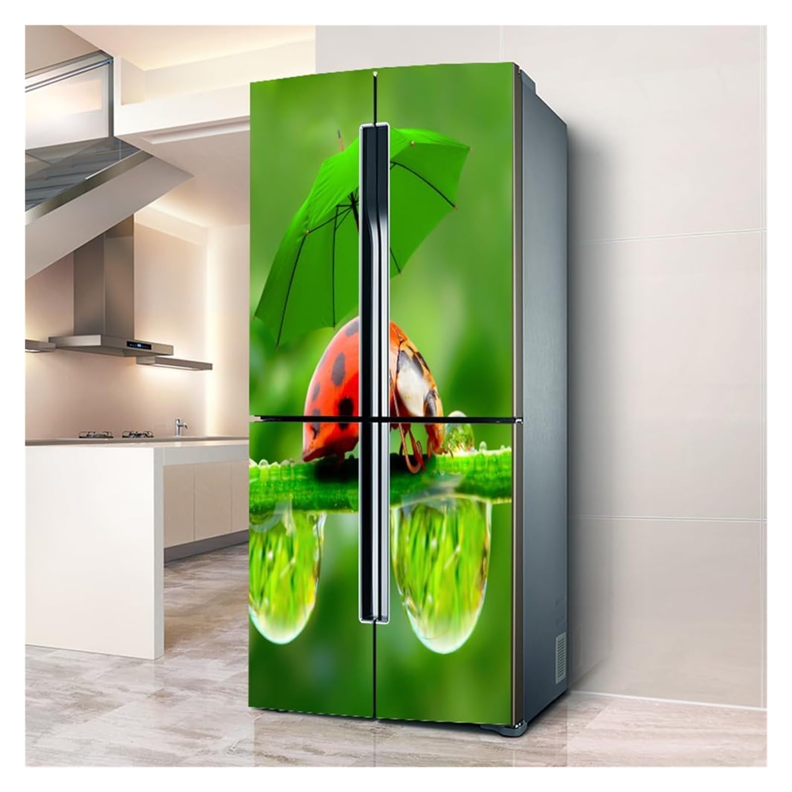 GDHKDDFL Minimalist, luxury-inspired fridge decals, Freezer Skins Wall Stickers for Kitchen Decal, Ladybugs with Green Umbrella(L: 100x180 cm)