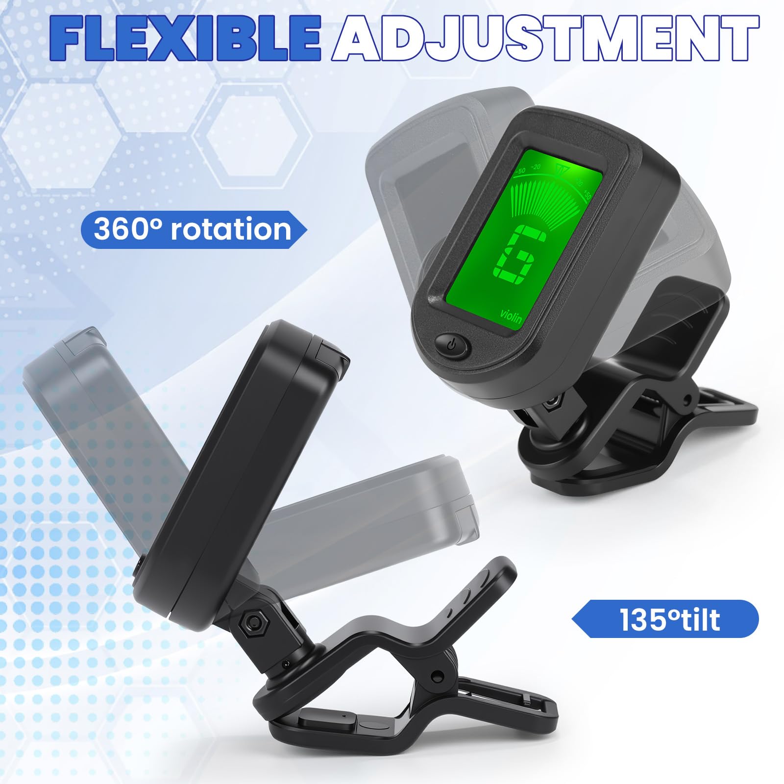 Boao 20 afinadores de guitarra, afinador de clip con modos cromáticos, pantalla LCD transparente electrónica digital, rotación de 360 grados para guitarra acústica/eléctrica, ukelele, bajo, violín