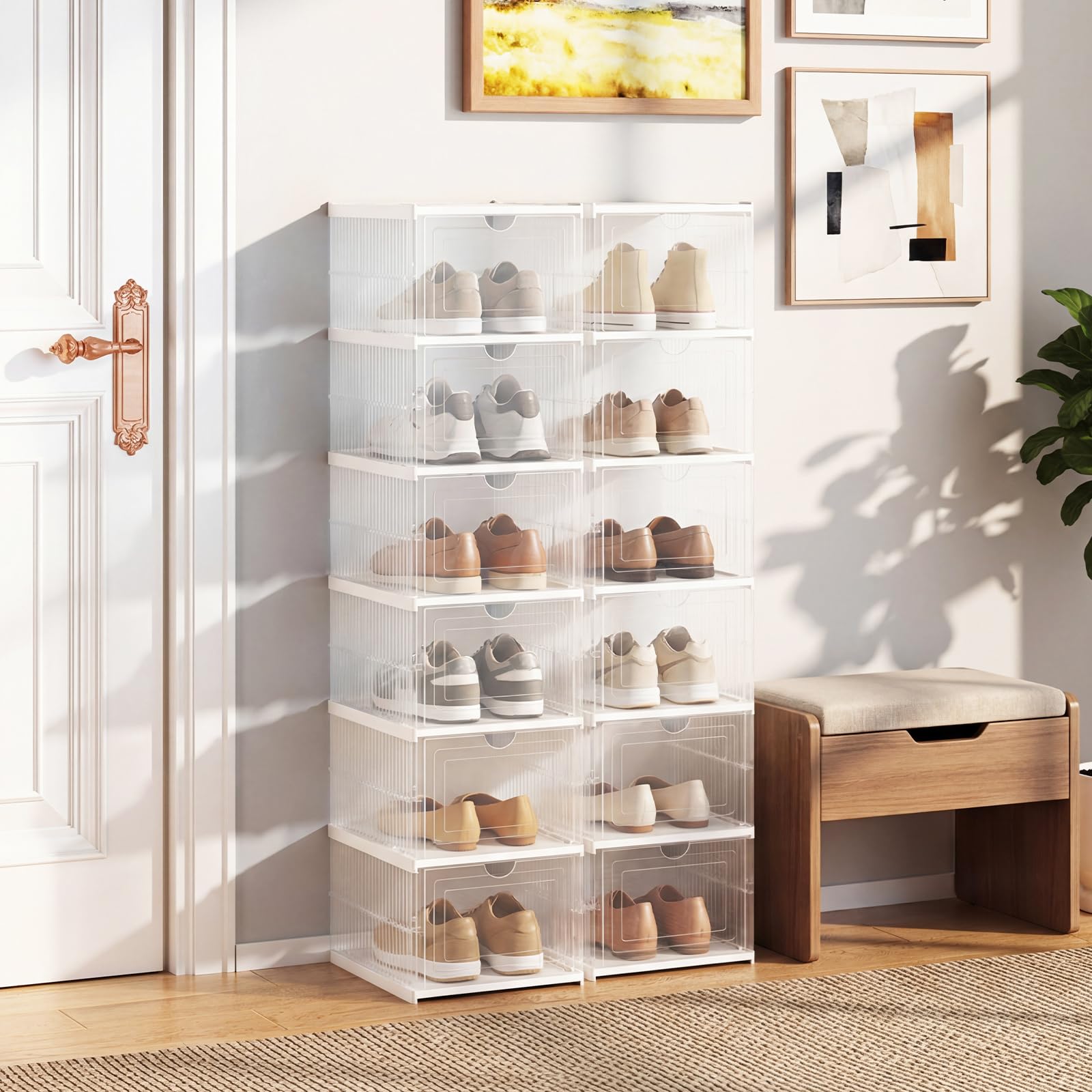 COSTWAY Scatole per Scarpe, Set di 2 Organizzatore per Scarpe a 6 Livelli, Scatole Pieghevoli in Plastica con Porta Frontale a Ribalta, Scarpiera Salvaspazio per Ingresso e Soggiorno