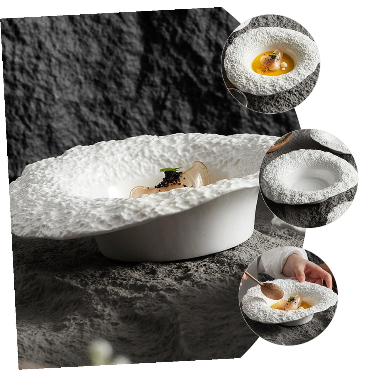 BESPORTBLE Assiette Creuse En Céramique Effet Roche 25 Cm, Assiette à Pâtes Et Salade, Vaisselle Robuste Pour Repas Maison, Usage Familial Et Restaurant, Service