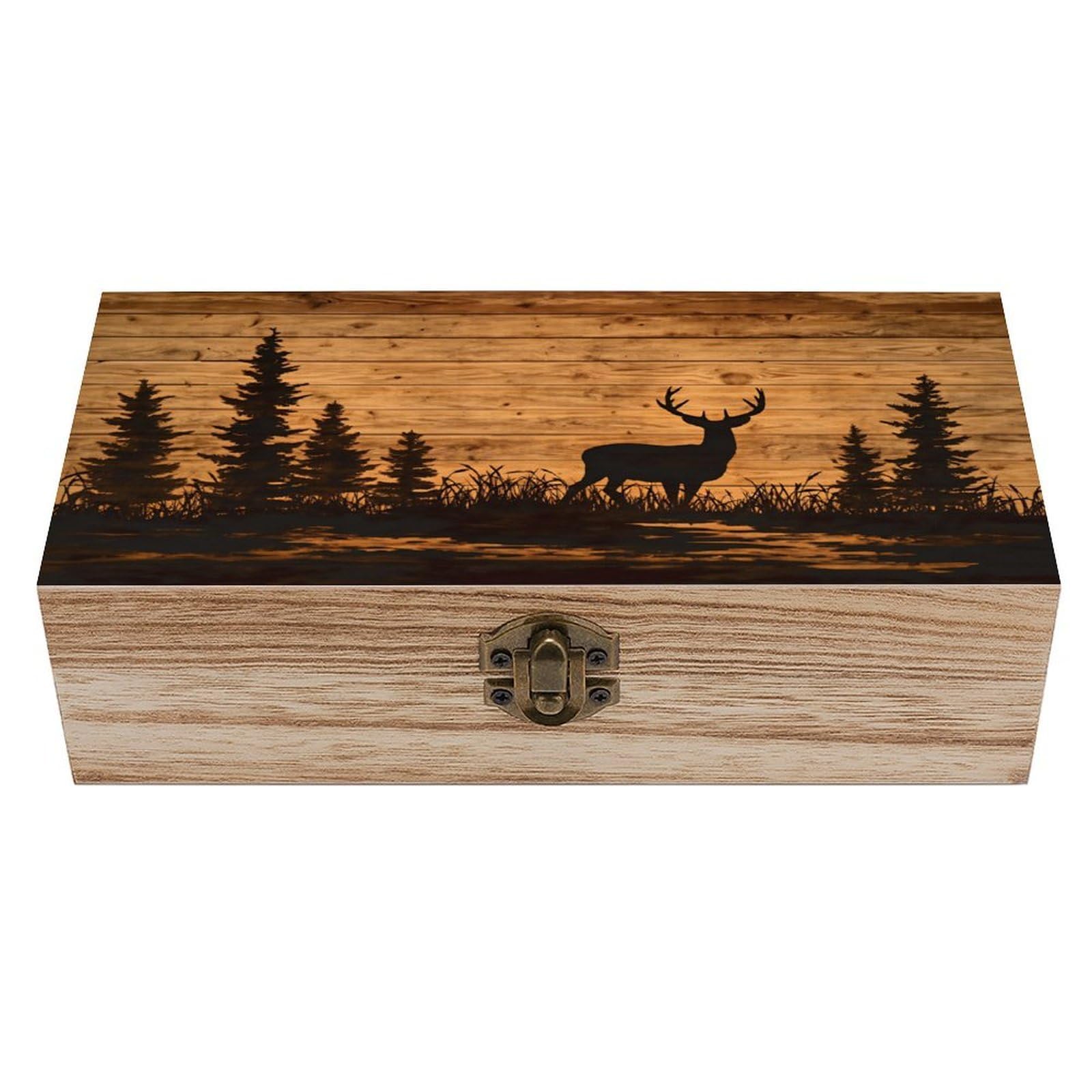 SMAZDFXX Deer Silhouette Wood Background Scene Wooden Keepsake Box Vintage Solid Wood with Hinged Lid 7.9"×3.7"×2.3" Metal Latch Rustic Home Decor for Jewelry Photos And Trinkets