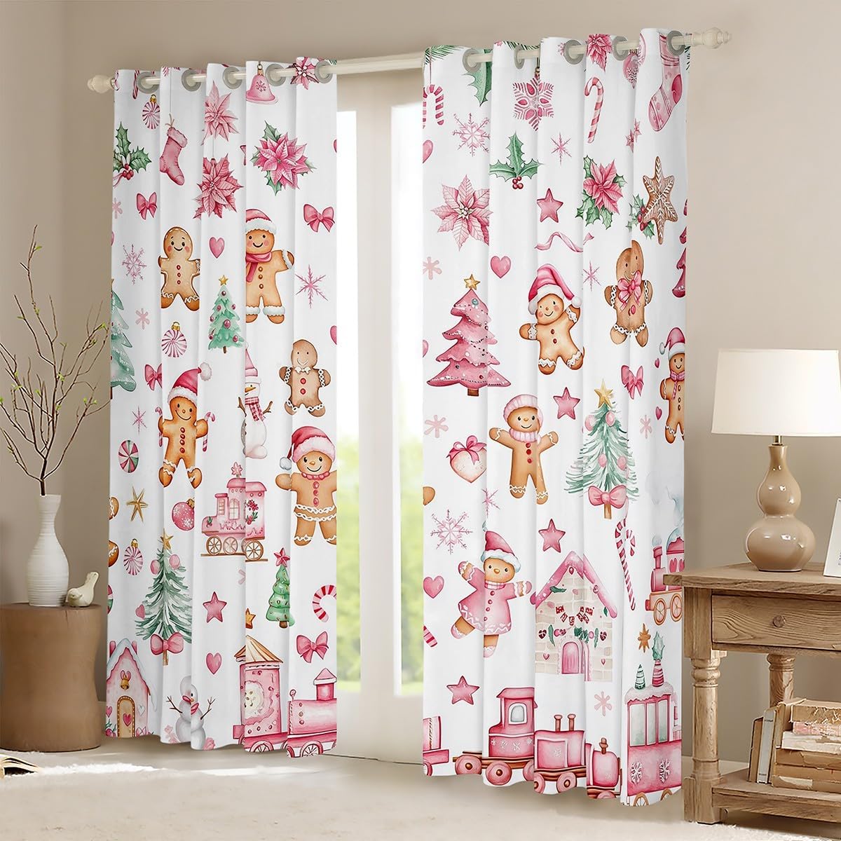 Manfei Merry Christmas Kids Blackout Curtain,Cute Snowman Xmas Trees Gingerbread Window Drapes for Girls Women,Pink Bowknot Steam Train White Window Treatments Grommet Top 2 Panel Set,52Wx96L inch