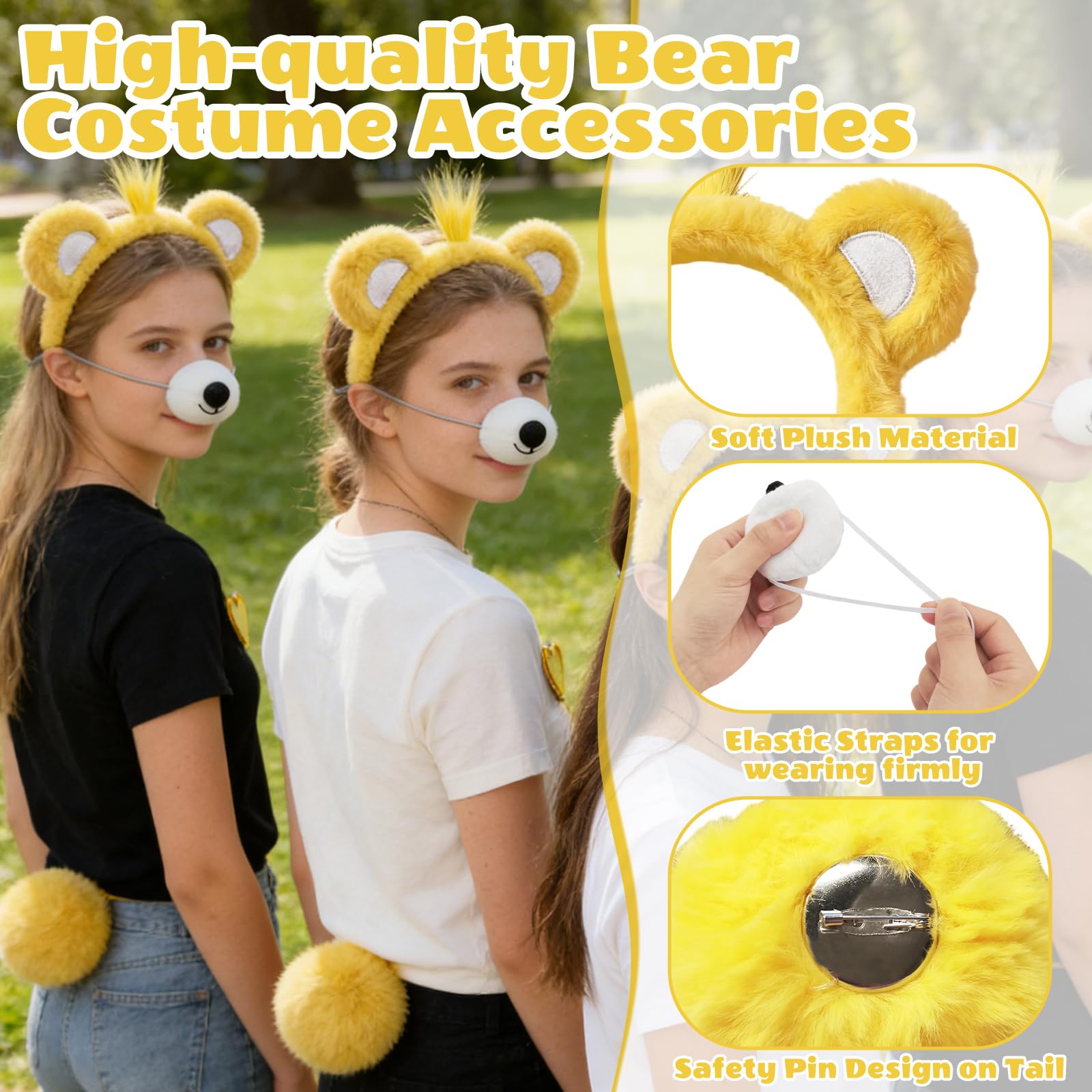 YAEGIMHT 5PCS Bear Costume Accessories Set, Bear Headband, Bear Nose, Fluffy Tail & 2 Heart Brooches - Image 3