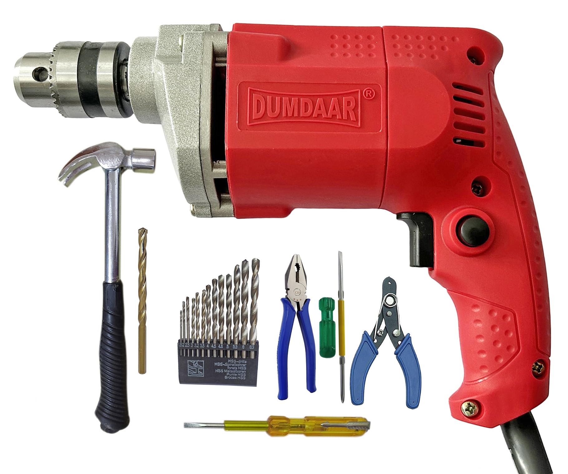 Inditrust Dumdaar Red Electric drill machine 350w 100% copper winding 13pc HSS, 1pc Plier 1pc Masonry 1pc 2in1 Screwdriver, 1pc Wire Cutter 1pc Claw Hammer 1pc Electric Tester 6 MONTHS WARRANTY (B0DBZL1WGN) Amazon Price History, Amazon Price Tracker