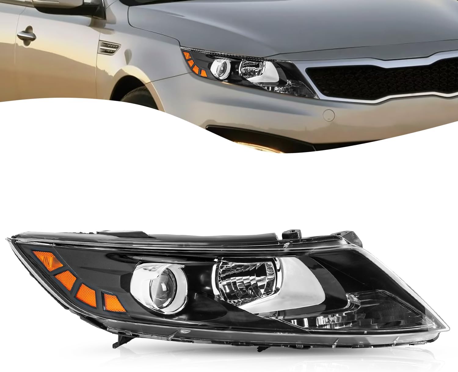 Halogen Headlight Assembly Replacement Fit for 2011 2012 2013 Kia Optima Headlamp Black Housing with Amber Reflector Right Passenger Side