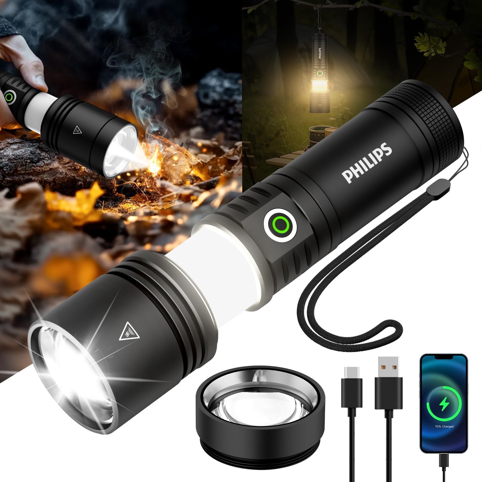 Rechargeable Flashlights High Lumens with Ignition Lens,3000lm Tactical Flashlights with Camping Lamp,2 Colors Zoomable 5Modes Reverse Charging LED Bright Flashlight for Home Outdoor Gift