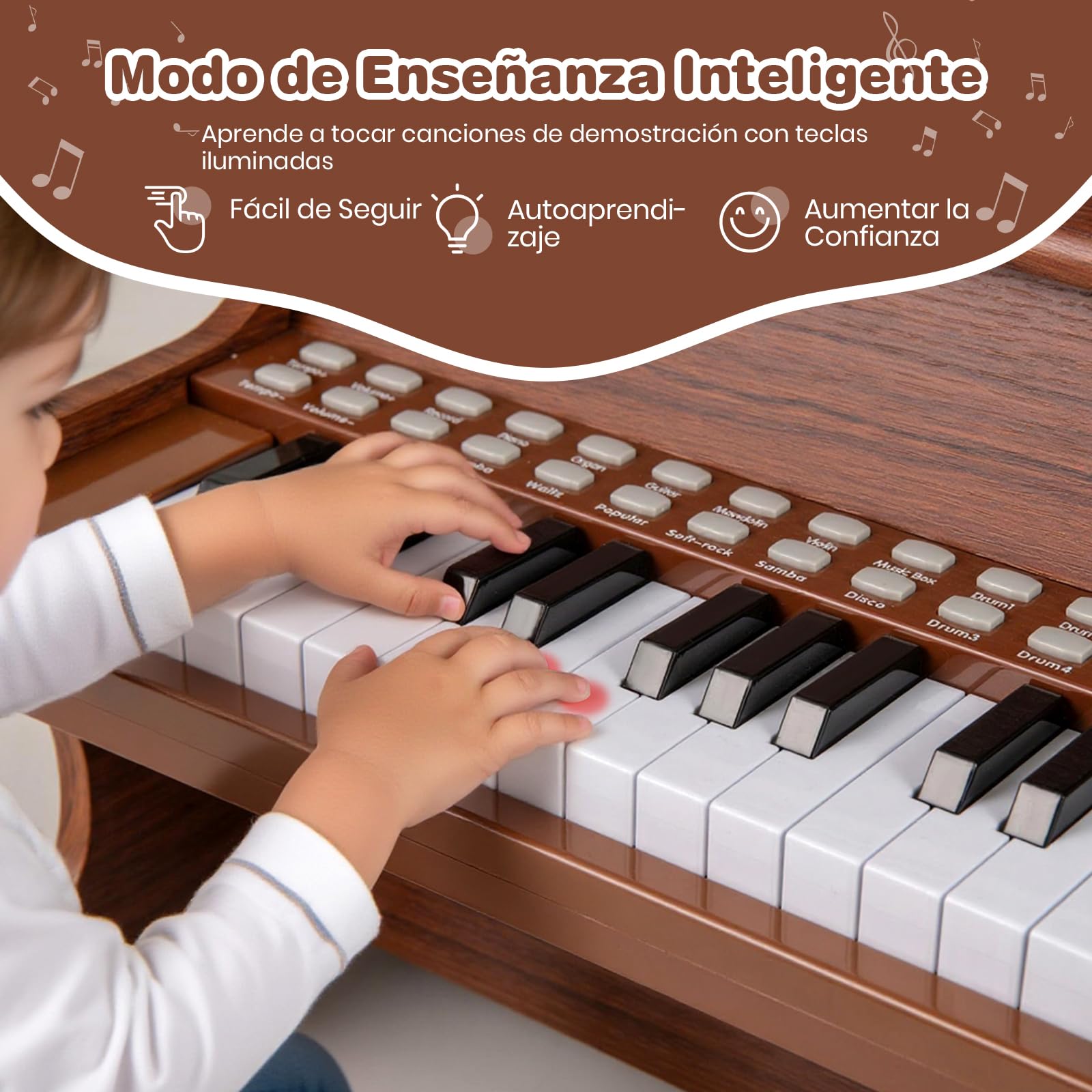 GOPLUS Teclado de Piano con 25 Teclas Iluminadas, Instrumento Musical para Niños con Atril Extraíble, Piano Eléctrico de Madera con Velocidad y Volumen Ajustables, 3+ Años (Marrón)