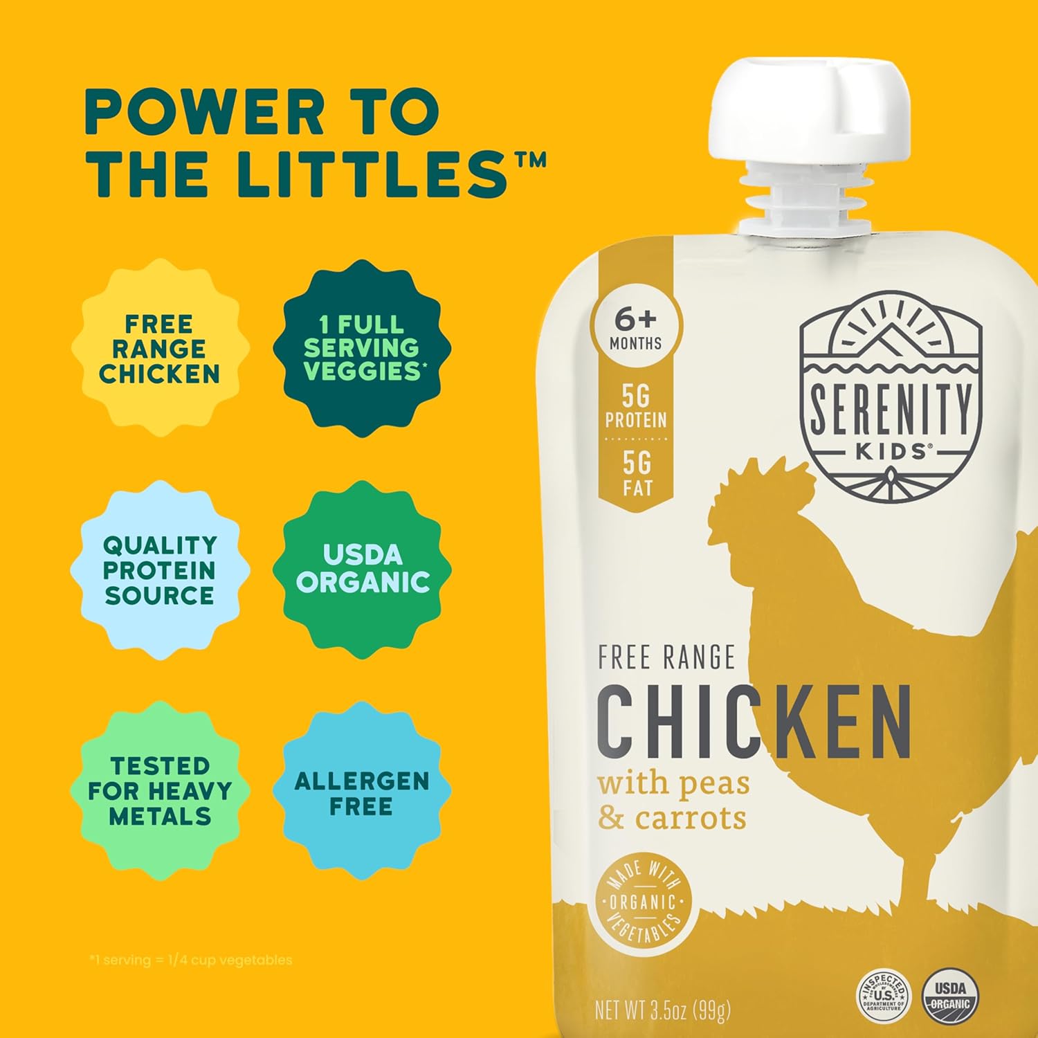 Serenity Kids 6+ Months Chicken Baby Food Pouch - Protein Pouch with 5g Protein - On-the-Go Toddler Meal - No Added Sugar Organic Chicken & Veggie Puree - 3.5 Oz, Pack of 12