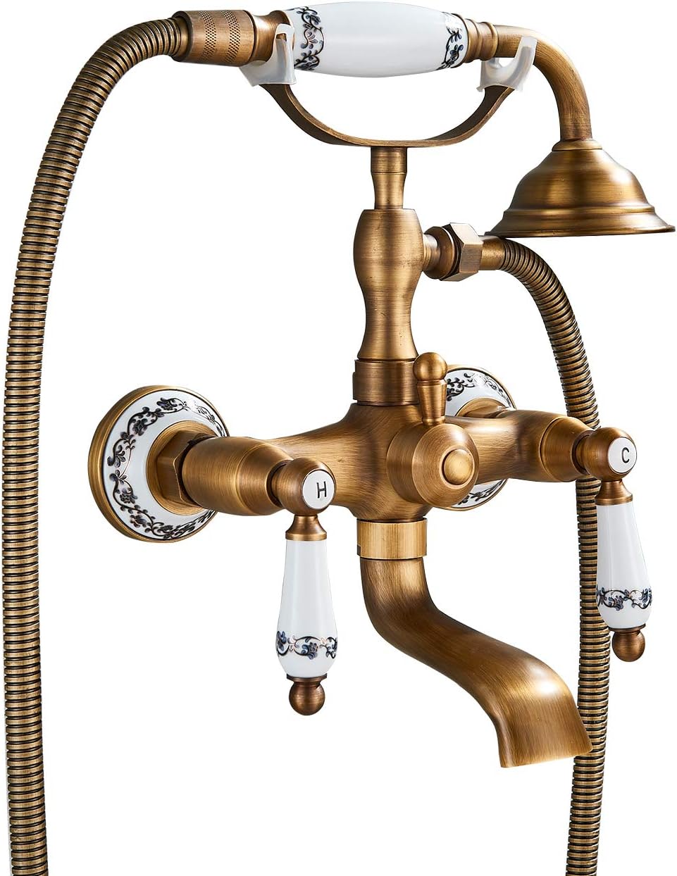 Bath Tap with Hand Shower Brass Wall Mount Shower Head Two Ceramic Handles Nostalgic Vintage Design Bath Tap