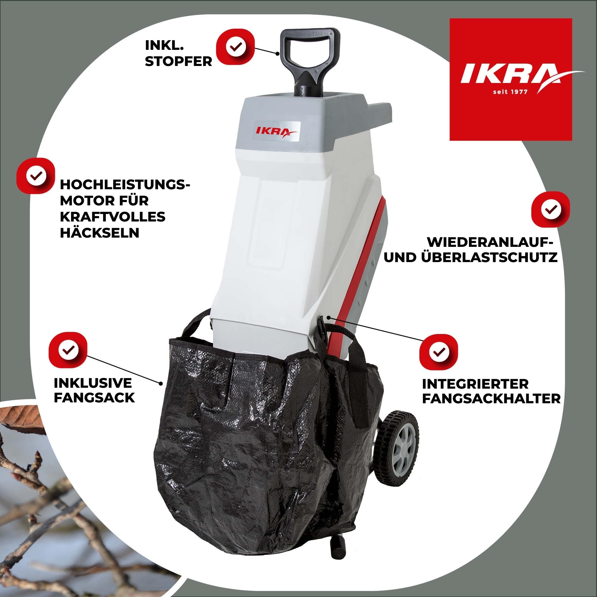 IKRA IMH 2500 Elektro Gartenhäcksler, 2500W, Messerhäcksler mit Fangsack 45l