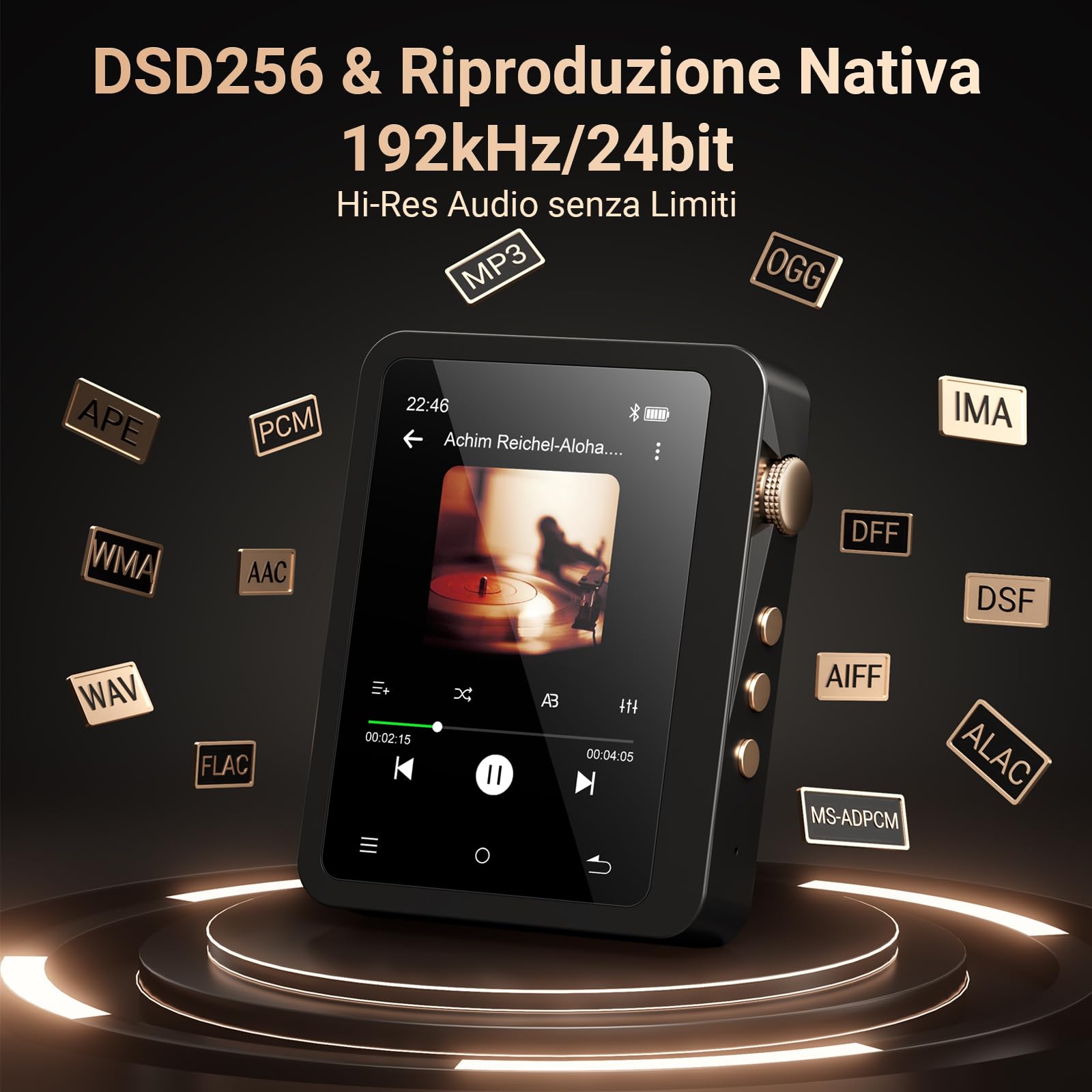 MECHEN 128GB Hi Res Lettore MP3 con Bluetooth 5.3, Suono Digitale Lossless ad Alta Risoluzione, Lettore DSD DAC FLAC, 192Khz/24bit, Touchscreen, USB C, OTG, con Custodia in Pelle (128, GB)