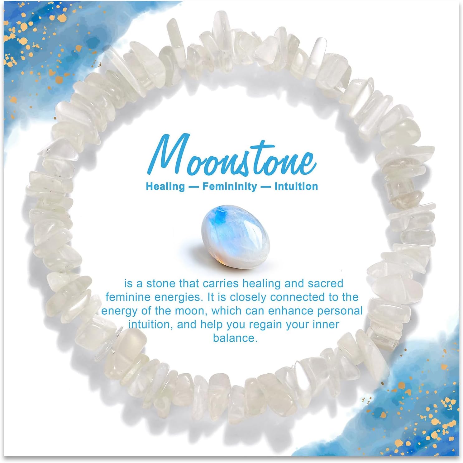 GolbalJew Natural Gemstone Beads Bracelets Healing Crystal Stone Beaded Bracelet for Women Men Handmade Spiritual Jewelry Gifts, 5-8mm Moonstone Chips Beads