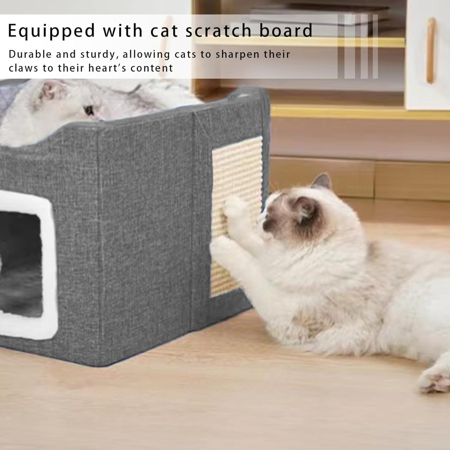 review Cat House for Indoor Cats,Cat Bed Cave with Hanging Fluffy Ball ＆ Scratch Pad,Foldable Cat Houses & Condos,Cat Hideaway, Cat Cubes with Removable Cushions for Indoor Pet
