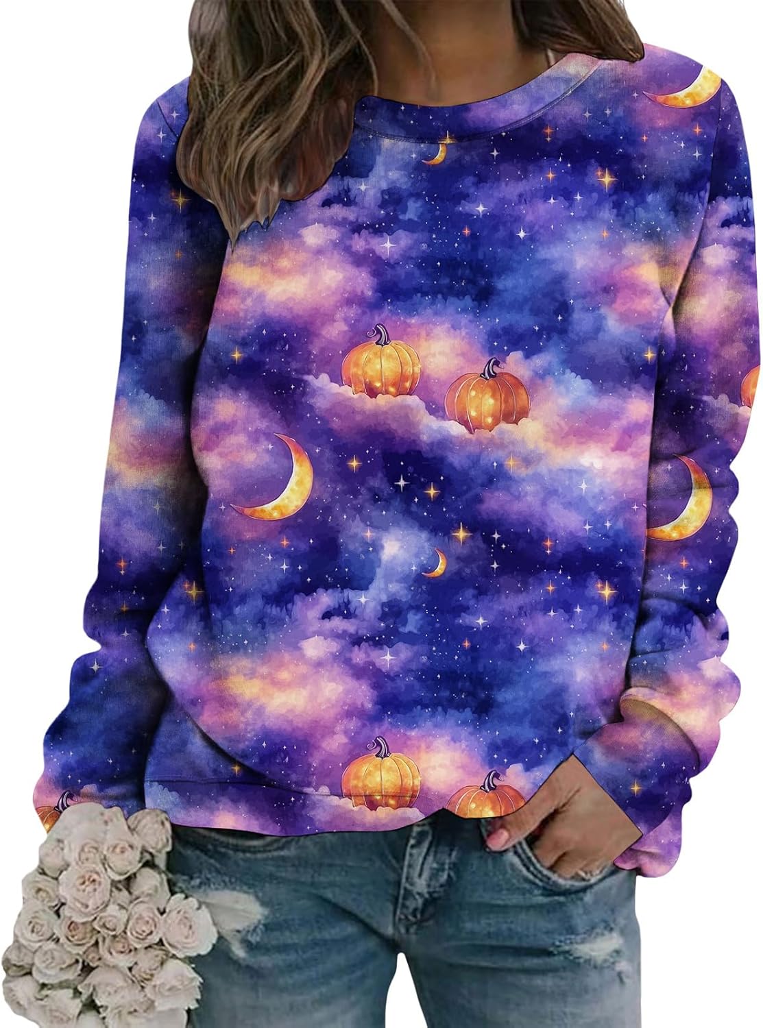 LIZALIG Pullover Cute Sweatshirt Orange Skeleton Fall Festive FunWomens Design Bat Holiday Party Outings Pumpkin Print