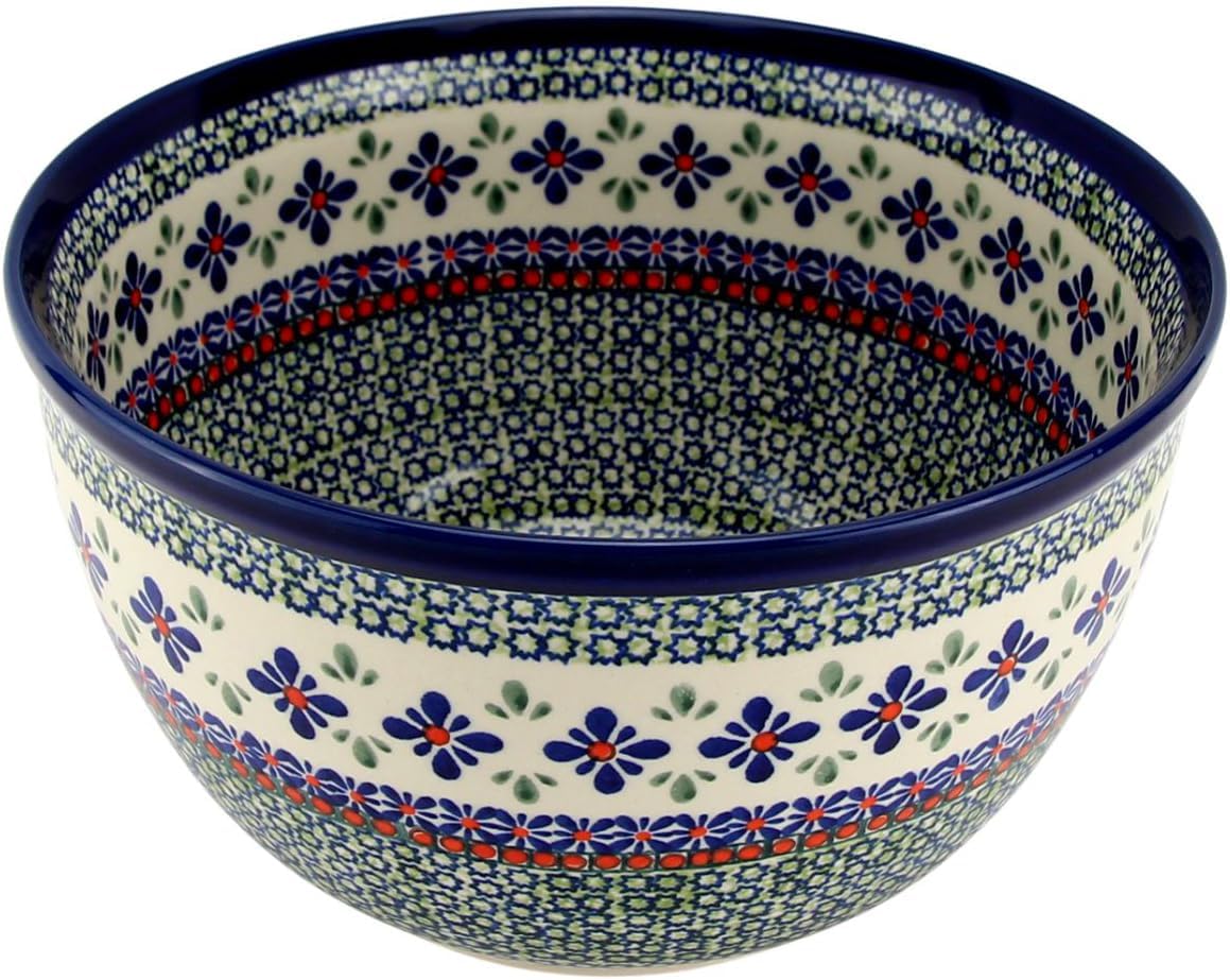 Polish Pottery Market Large Mixing Bowl - 5 Quarts Handcrafted Polish Stoneware by Zakłady Bolesławiec, Poland - Large Serving Bowls for Cooking, Salad, Popcorn, Salad Mixing