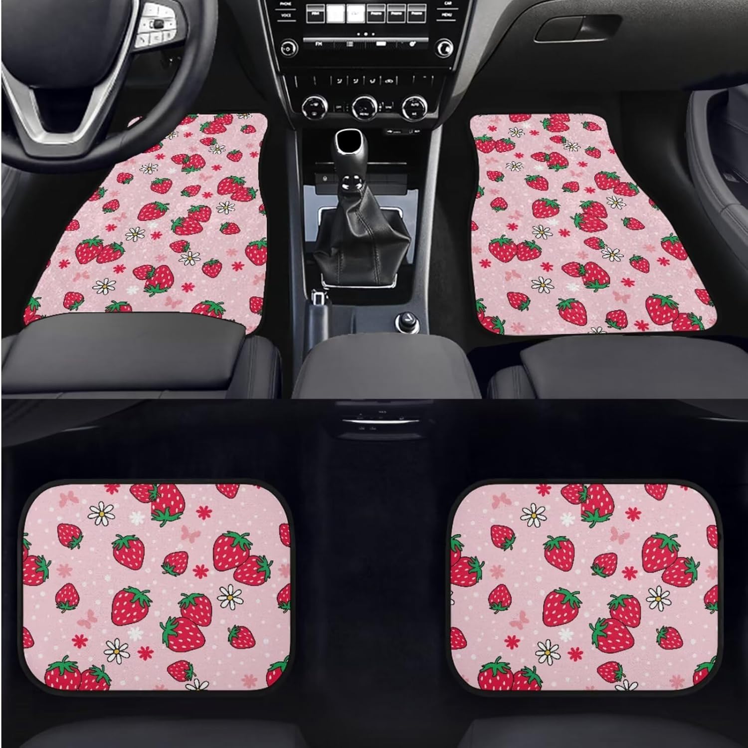 Strawberry Flower Pink Car Seat Cover Full Set Armrest Pad Cover Steering Wheel Belt Automotive Floor Mats