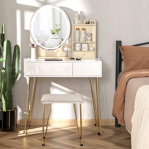 Miniatura 53 de CHARMAID Mesa de tocador de maquillaje con espejo iluminado, 3 juegos de iluminación, brillo ajustable, 2 cajones grandes, cajas de almacenamiento