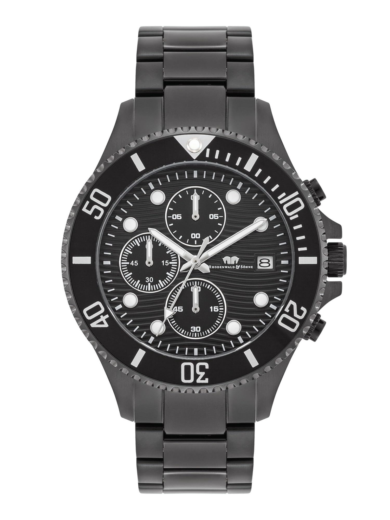 Rhodenwald & Söhne Herren Uhr Edelstahl schwarz Quarzwerk 5 ATM | Edelstahl Armband, schwarz, Gliederarmband, Chronograph, Zifferblatt schwarz, Mineralglas, Armbanduhr