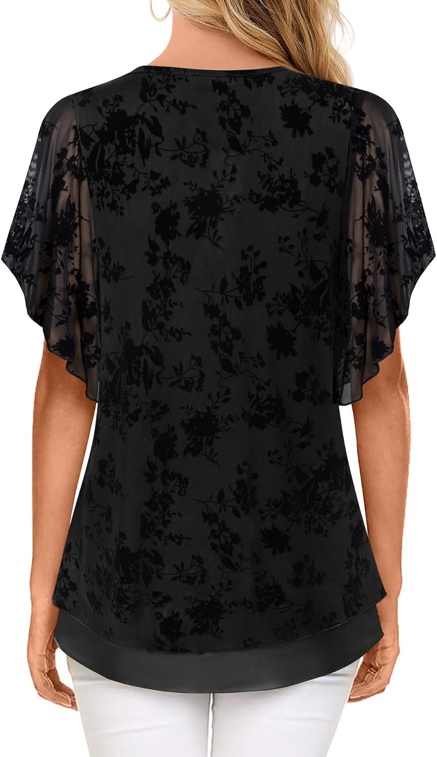Furnex Blouses for Women Dressy Casual,Double Layers Mesh Elegant Summer Blouses,Short Sleeve V Neck Women's Tunic Tops - Image 3
