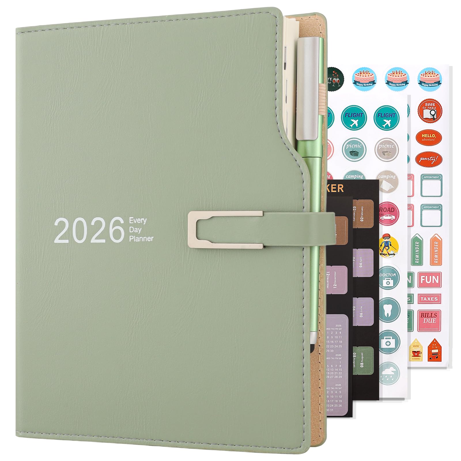 Academic Diary 2026 A5 Day to Page,Schedule Organizer with Calendar Stickers, Agenda Diary Planner with Pen Holder and Pen,Premium Thicker Paper 14 X 21.5 cm (Green)
