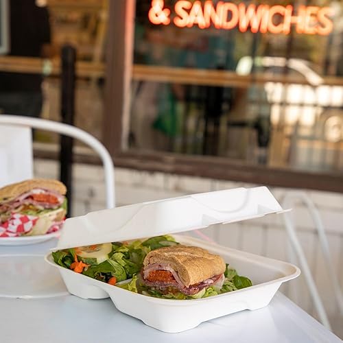 Miniatura 9 de Eco-Products Renovable & Compostable Vanguard White Sugar Cane Clamshells, 8x8x3in, 3-Compt, caja de 200 Sin PFAS producto agregado  BPI & ASTM