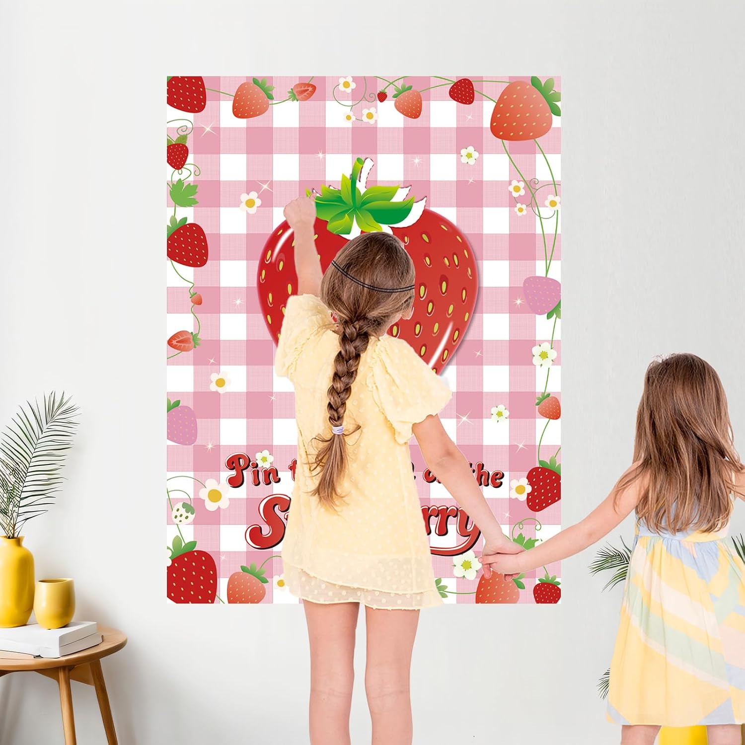 Strawberry Party Game, Pin The Stem on The Strawberry Birthday Decorations Decor Poster, 20'' X 28'' Berry First Birthday Party Favors, Include 32 Stickers and 2 Blindfold image 5