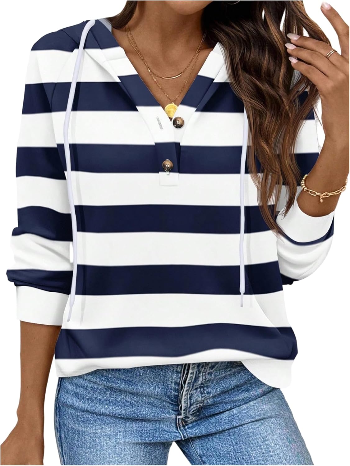 SweatyRocks Women's Striped Button Front Hoodie Sweatshirts Long Sleeve Drawstring Pullover Tops