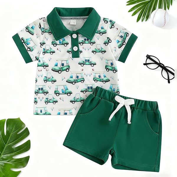 Tenue de golf d'été pour bébé garçon - Polo à manches courtes - T-shirt et short - Imprimé camion - 2 pièces - 1