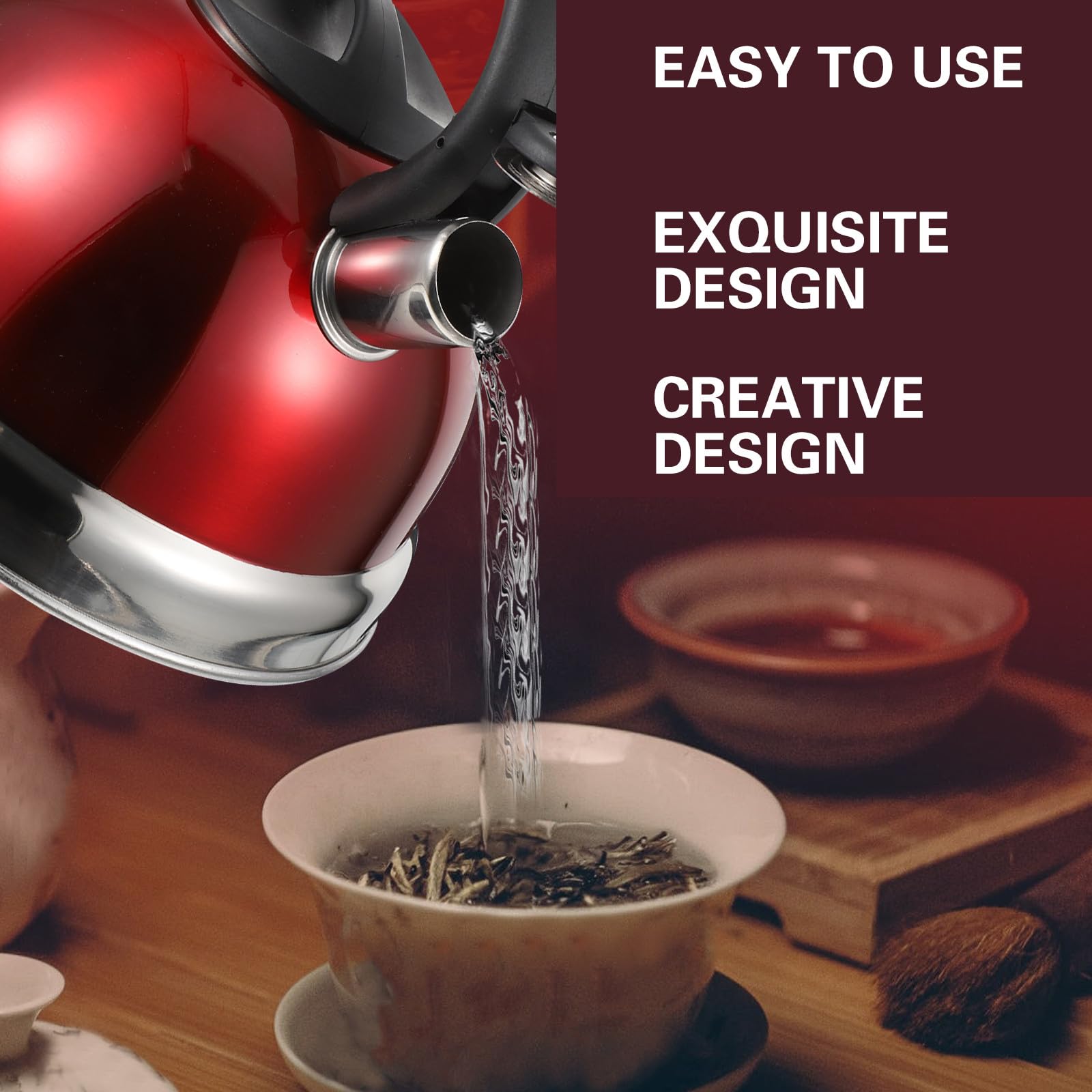 Uonlytech Tetera de Acero Inoxidable, Hervidor Asa Aislante 3l Rojo, Silbido al Hervir, Antiquemaduras, para Cocina de Gas E Inducción, Uso Doméstico