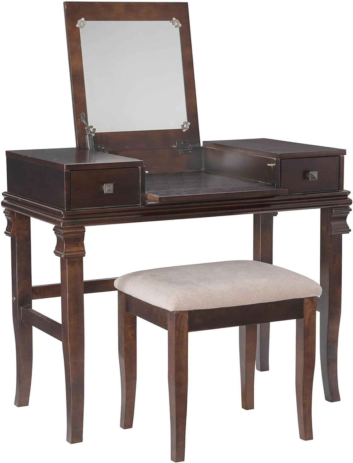 Pemberly Row Walnut Vanity Set, 2-Piece Set with Flip Top Mirror, Open Storage Area, 2 Drawers, Beige Upholstered Seat, Sleek Design for Bedroom or Dressing Area, 36" W x 18" D x 30" H