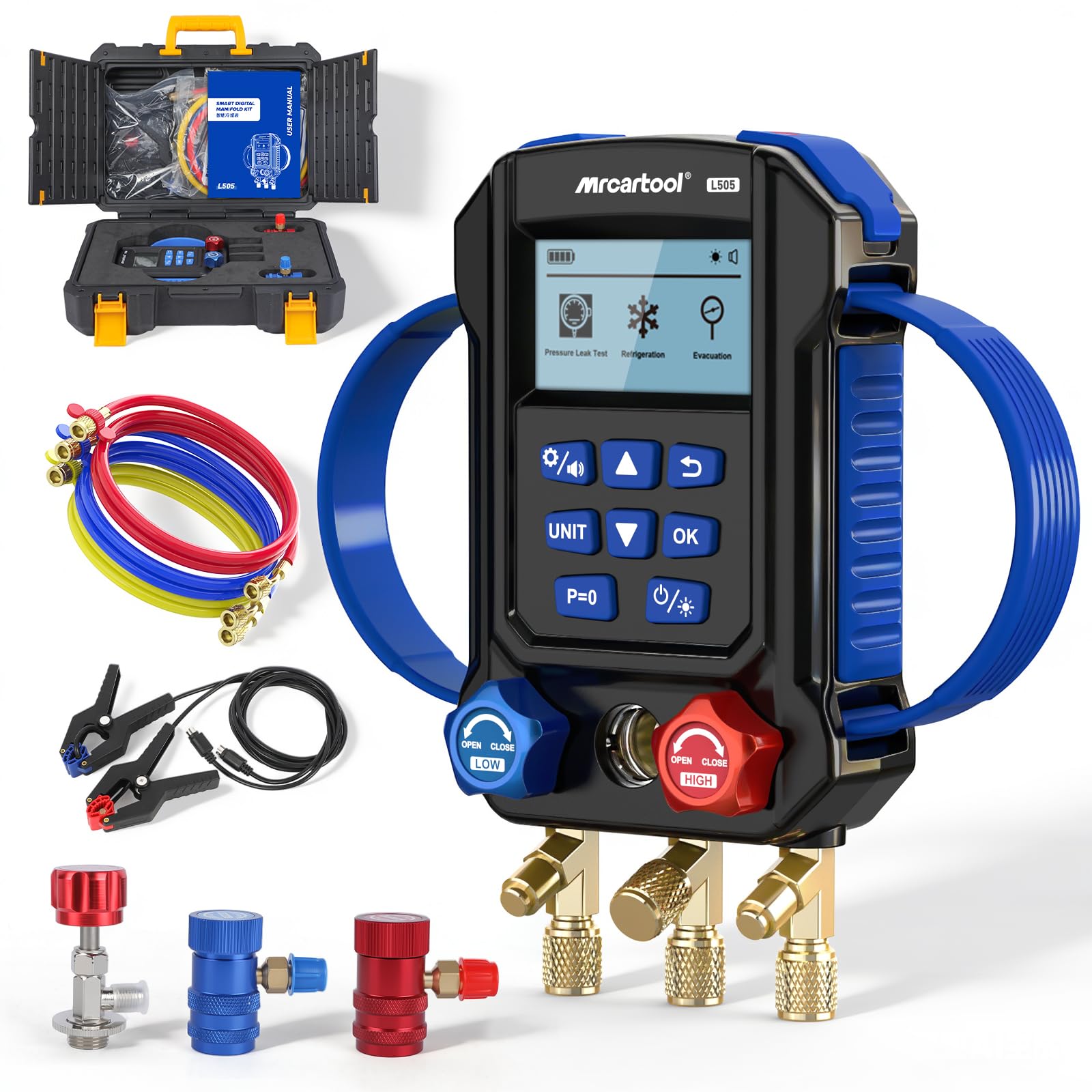 MRCARTOOL Digitales Manifold-Messgerät L505 für 95 Kältemittel R410A R1234yf R22 R32,Hochpräzise Evakuierung,Druck-,Temperaturprüfung,Kältemittelbefüllung und Lecktest für Klimaanlagen