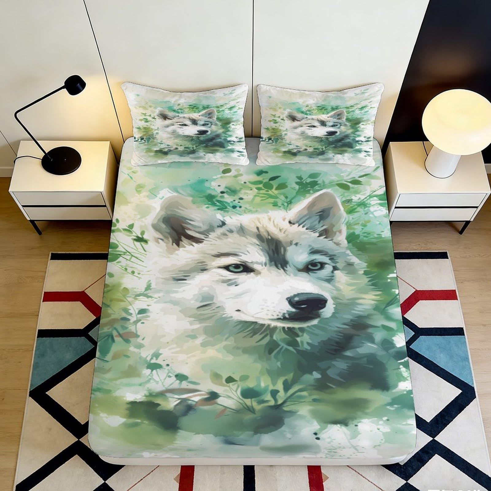 3D Printed Wolf Forest Fitted Sheet Microfiber Non-Slip Green Animal Mattress Cover for Bedroom Dorm Easy Care 90x200x25cm