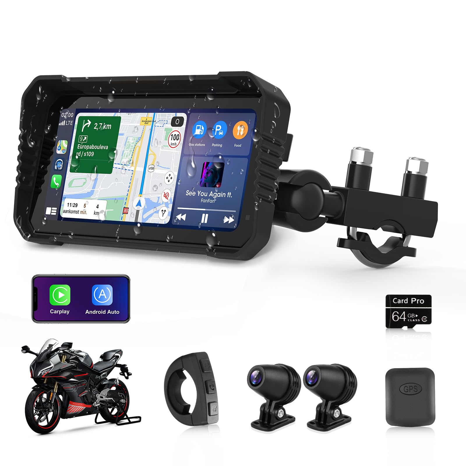 2025 4K Carplay Moto Android Auto Pantalla Carplay 6,25 Pulgadas con Navegador Moto Doble Cámara, GPS Moto con WiFi, Navegación GPS, Control Remoto, Bluetooth, Tarjeta TF 64G