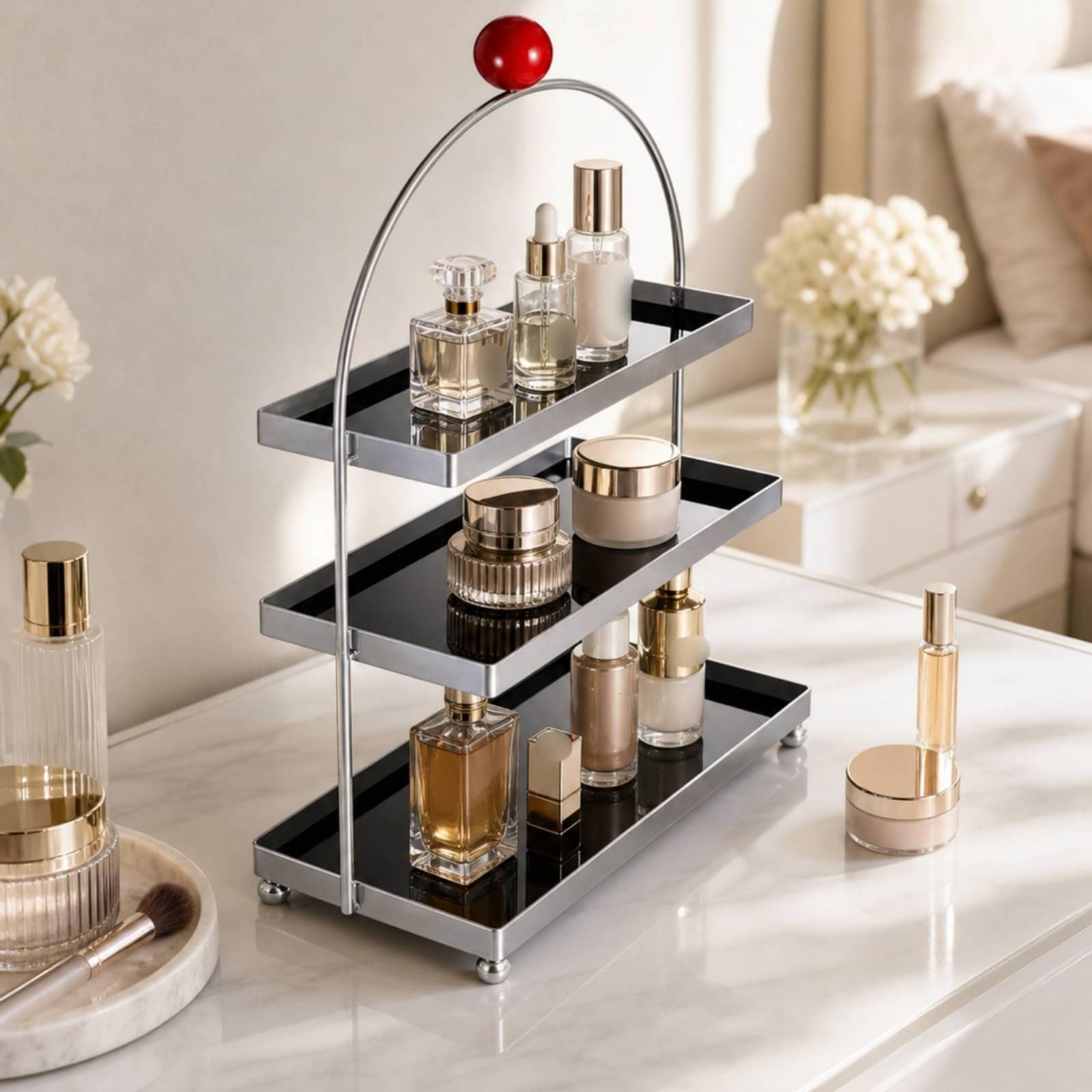 Organizer da Tavolo a Tre Livelli Salvaspazio Scaffale a Tre Livelli Verticale Ripiano Portaoggetti per Trucco, Nero, Rosso, Tre Strati Con Sfera Rossa